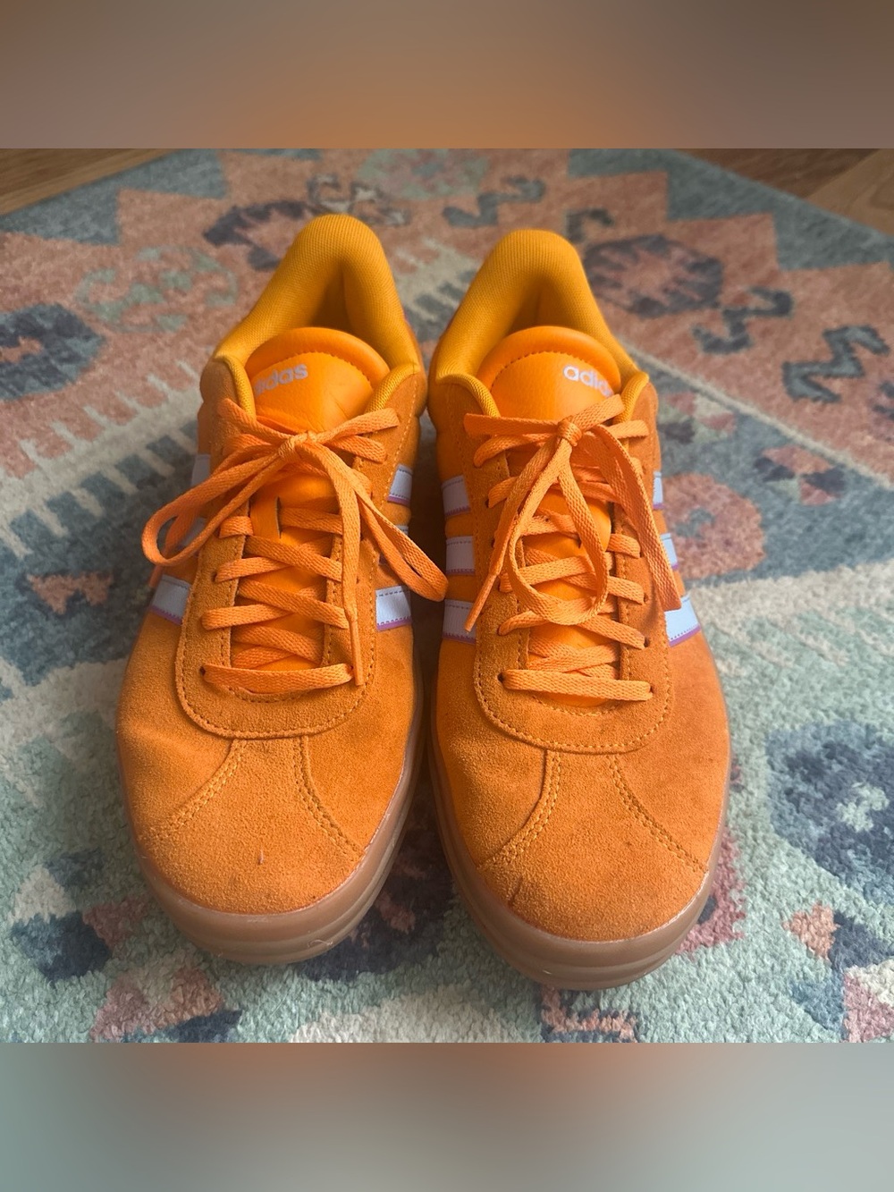 Adidas Orange Suede platform Sneakers with baby blue stripes - Picture 2 of 6